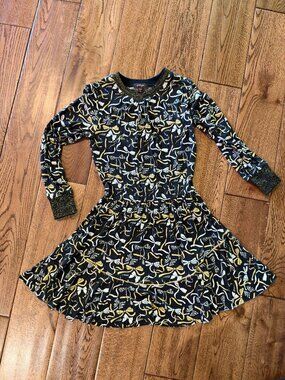 Imoga Girls Black Gold Bow Print Dress Size 7 Long Sleeve Party Dress
